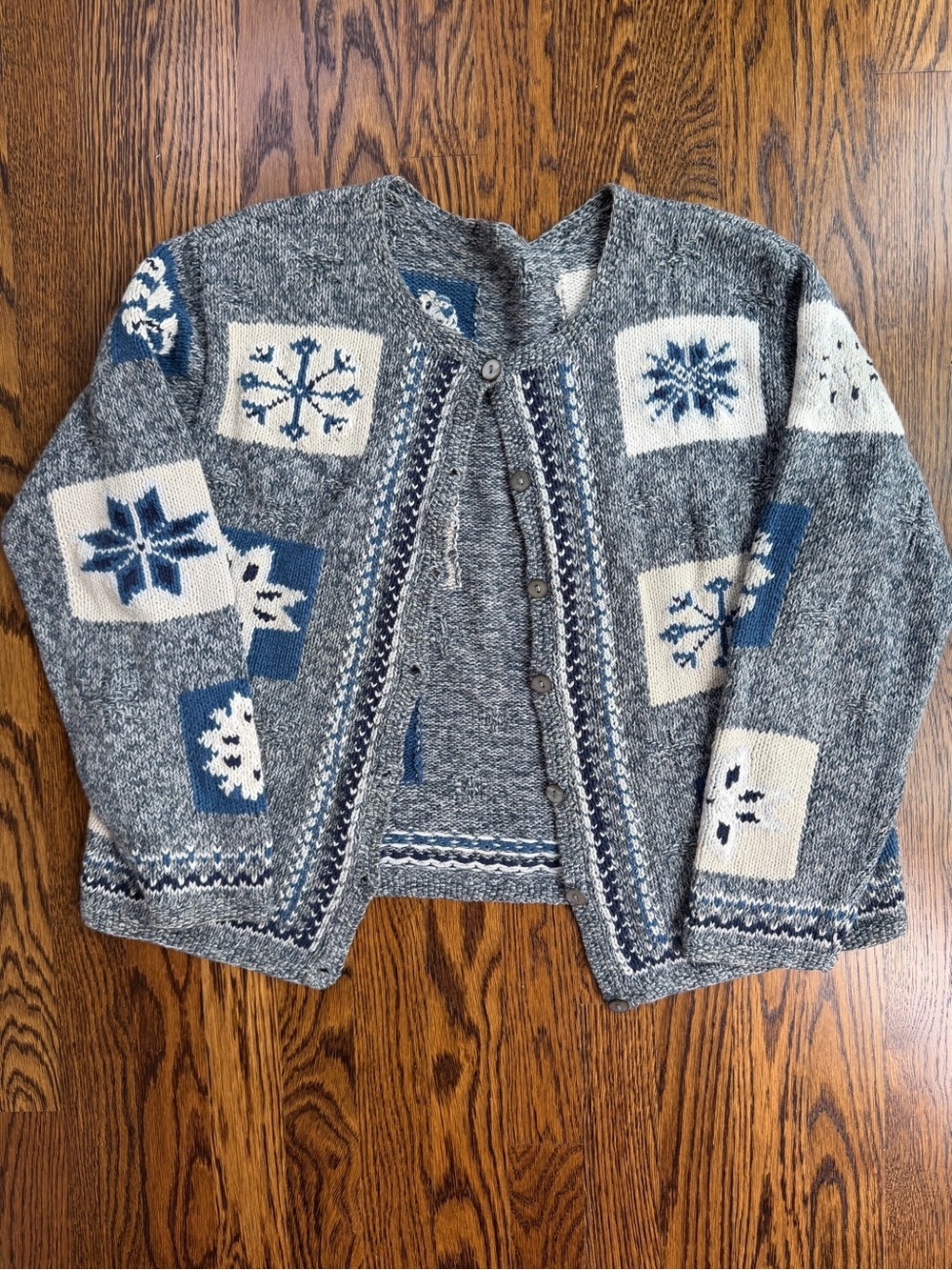 Cozy Grey and Cream Nordic Knit Cardigan Winter Festive Grandma Cotton Sweater